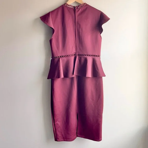 NWT Bisou Bisou Michele Bohbot Wine Color Dark Burgundy Peplum Dress - Picture 2 of 4